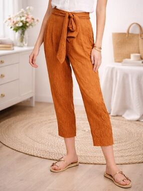 Anthropologie Orange Tie Waist Cropped Pants Size 0 Textured Rust Orange